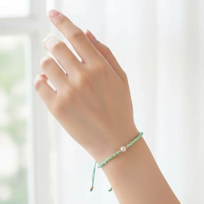 Boho Colorful Glass Gold Plated Seed Beaded Bracelets or Women, Handmade Romantic Freshwater Pearl Adjustable String Braided Rope Jewelry, Summer Beach Daily Party Friendship Gift - color: Green
