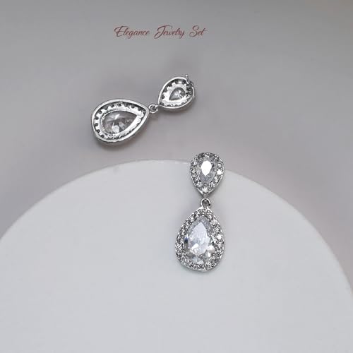 Bridal Jewelry Set for Women, Cubic Zirconia Teardrop Bride Bridesmaid Necklace and Earrings Set for Wedding Prom Formal - color: White Gold