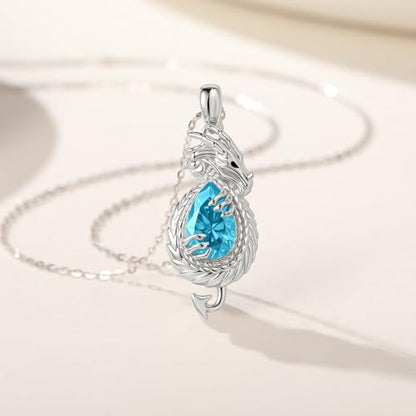 Dragon Necklace Sterling Silver Wyvern Pendant Jewelry with Teardrop Birthstone Gifs for Women - style: Dragon necklace-Blue stone