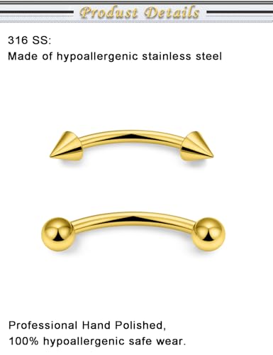 Eyebrow Piercing Jewelry Surgical Steel Vertical Labret Lip Jewelry Curved Barbell Tiny Eyebrow Ring Ear Rook Navel Small Belly Button Ring for Women Men 16g Bar Length 6mm/8mm/10mm/12mm - color: goldtone,ball+spike
