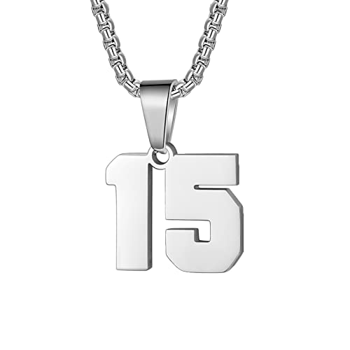 Susook Number Necklace for Boy Black Athletes Number Stainless Steel Chain 00-99 Number Charm Pendant Personalized Sports Jewelry for Men Basketball Baseball Football - color: Silver, style: 15