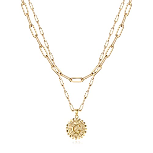Yoosteel Layered Initial Necklaces for Women Trendy, Letter A-Z Necklace | 14K Gold-Plated, Paperclip Chain, Coin Initial Necklace, Necklaces for Teen Girl Gifts, Jewelry for Women, Gifts for Mom Wife - color: Gold, style: C