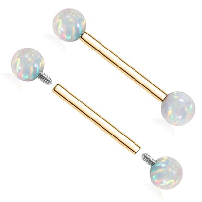 AROWRO Nipple Piercing Jewelry G23 Titanium Nipple Rings Tongue Rings Nipple Bar 14G Internally Threaded Straight Barbells Bridge Piercing Jewelry 12mm-20mm - color: Gold+White Opal