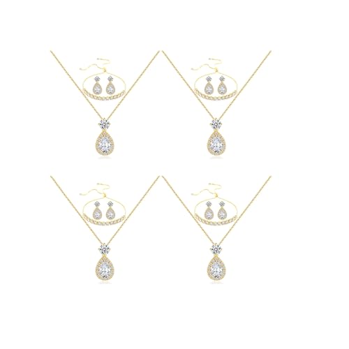 Plated Gold Silver Elegant Teardrop Zircon Earrings Necklace Bracelet Set for Bridesmaids, Sparkling Cubic Zirconia Jewelry, Wedding Gift, 4/5/6-Piece - color: 4 Sets Gold