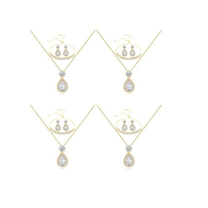 Plated Gold Silver Elegant Teardrop Zircon Earrings Necklace Bracelet Set for Bridesmaids, Sparkling Cubic Zirconia Jewelry, Wedding Gift, 4/5/6-Piece - color: 4 Sets Gold