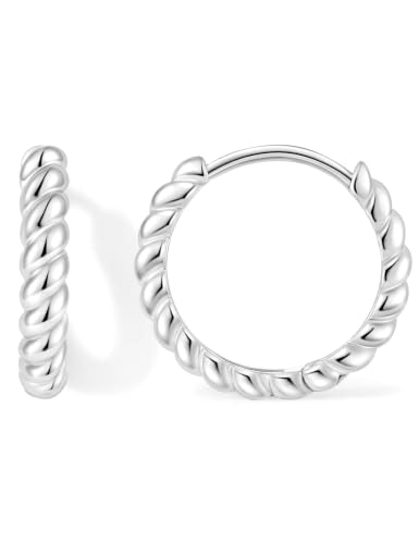 Fiusem 14K Gold Plated Huggie Hoop Earrings for Women | 8/10/12 Hypoallergenic Small Twisted beaded Huggie Earrings - color: Silver Twisted, size: 12MM