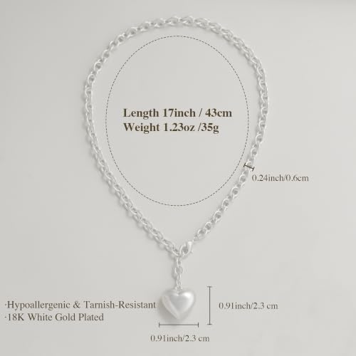Puffy Heart Pendant Necklace for Women | Long and Short Pendant Necklace with 18K Gold Plated Heart Charm Statement Fashion Jewelry Gift - size: Short, style: Silver Chain & Heart