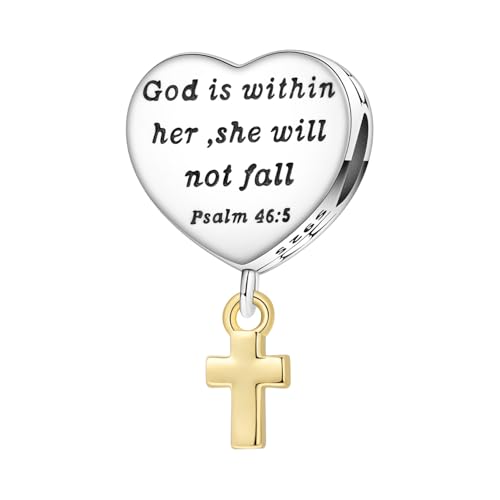 925 Sterling Silver Charms for Bracelets and Necklace Religious Cross Pendants Praying Hands, Bible, Virgin Mary, Jesus, Church Bead Jewelry - color: God is within Her She Will Not Fall
