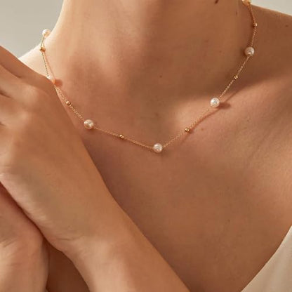 Pearl Necklace for Women, Dainty Pearls Choker Necklace for Women 14K Gold Plated Layered Pendant Necklace Handmade Gold Chain Necklace Everyday Jewelry Gift - color: Bead Pearl-Gold