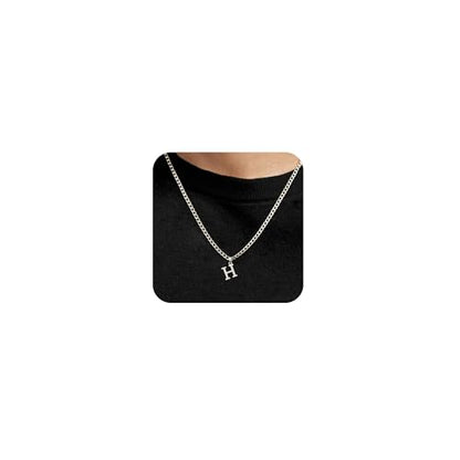 Silver Initial Necklace for Men Letter Pendant Cuban Link Chain | Stainless Steel 4mm 20 Inch Chain Non Tarnish Silver Plated A-Z Capital Name Charm Custom Personalized Jewelry Gift for Man - style: Silver:H