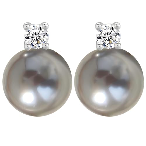 Faux Pearl Cubic Zirconia Stud Earrings, Hypoallergenic Lightweight Round Pearl Studs for Women - color: Platinum Grey, size: Pearl 10mm-CZ 3mm