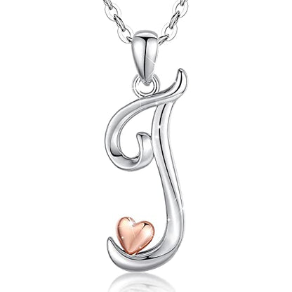 CELESTIA 925 Sterling Silver Initial Necklaces 26 Letter with Rose Gold Heart - 18 Inch Chain - color: J-Initial