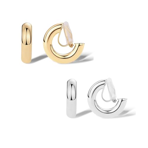 FAN&LOUIS Gold Clip On Hoop Earrings,Gold Silver Chunky Small Open Hoops Clip-On Earrings for Women Trendy Non-Pierced Ears Lightweight Teen - style: Gold and Silver