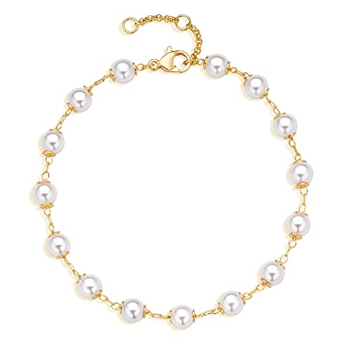Gold Chain Bracelet for Women, 14K Gold Plated | Dainty Bracelets with Adjustable Chain, Trendy Jewelry Gift for Women - style: Pearl chain