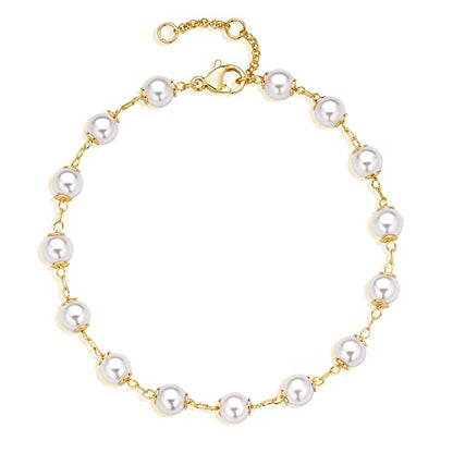 Gold Chain Bracelet for Women, 14K Gold Plated | Dainty Bracelets with Adjustable Chain, Trendy Jewelry Gift for Women - style: Pearl chain