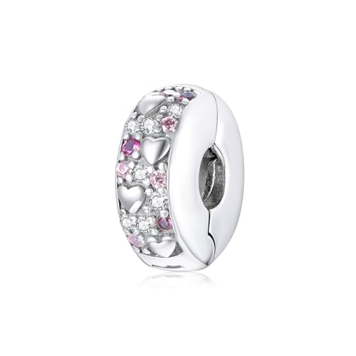 BISAER Stopper Beads Spacers Charms for Bracelets 925 Sterling Silver Clips | Original Spacer Charms Safety Chain Fit 3mm Bracelet Stopper Beads with 5A Cubic Zirconia DIY Accessories for Women - color: Pink Heart