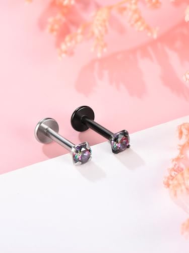 PiercingJ 2-4pcs 16g 316L Stainless Steel 3mm Cubic Zirconia Labret Monroe Lip Ring/Tragus/Helix Earring,6-12mm Bar Length - style: Color zirconia / 8mm black bar