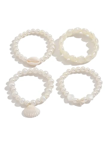 Pearl Bracelets for Women Simulated Pearl Beaded Bracelet White Pearls Stackable Stretch Bracelet Set Multilayered Elastic Pearls Bracelets for Women Bridesmaid Bridal Jewelry - color: shell