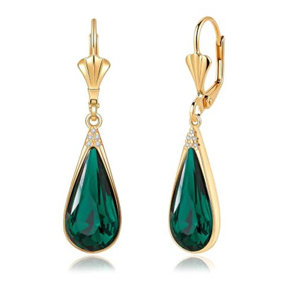 Teardrop Austrian Crystal Leverback Dangle Drop Earrings for Women | 14K Gold Plated,Classic Teardrop Elegance,Leverback for Easy Secure Wear,Gift Box Included, Brighten Up Daily and Party Looks - color: Emerald Green
