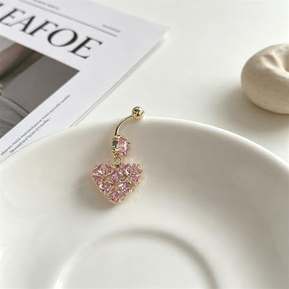 Pink Crystal Dangle Belly Button Rings, 4 Pack 14G Dangling Heart Teardrop Navel Rings Butterfly Belly Piercing Barbell Gold-Plated Summer Body Jewelry