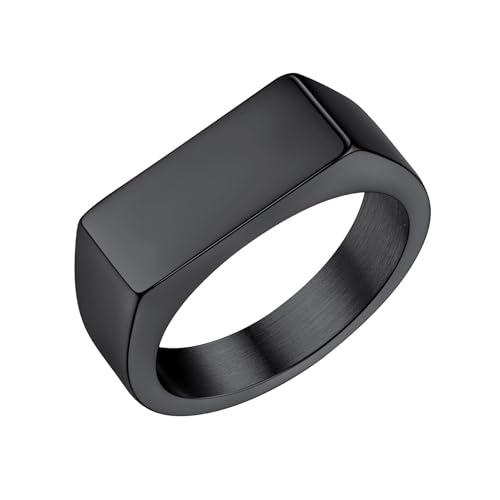 Bestyle Stainless Steel Signet Ring for Men Women in Gold/Black/Silver/Vintage Gray Tone, Chunky Thick Heavy Dome Band Ring Cool Finger Ring, Gift for Dad Husband, Size 7-14 Customizable - color: 01.Black-Rectangle
