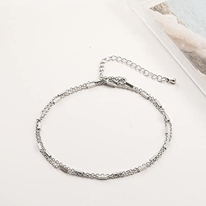 Pencros Dainty Layered Anklet,14K Gold Filled Cute Beads Satellite Chain Heart Boho Adjustable Anklets for Women - color: Layer Barlink Silver