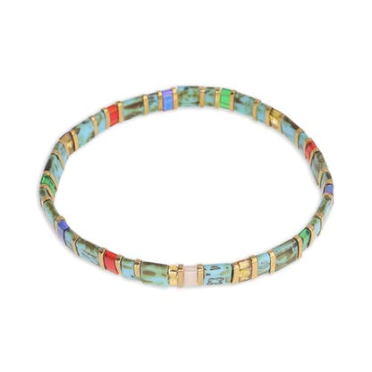 Sonateomber Tila Flat Beaded Stretch Bracelets for Women, Trendy Unique Colorful Square Beads Handmade Stack Bracelet Friendship Accessories Fashion Jewelry Gift - color: Green Gold
