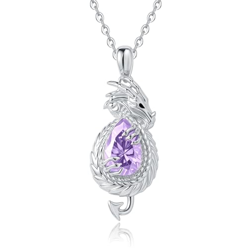 Dragon Necklace Sterling Silver Wyvern Pendant Jewelry with Teardrop Birthstone Gifs for Women - style: Dragon necklace-Purple stone