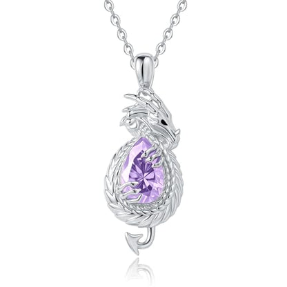 Dragon Necklace Sterling Silver Wyvern Pendant Jewelry with Teardrop Birthstone Gifs for Women - style: Dragon necklace-Purple stone