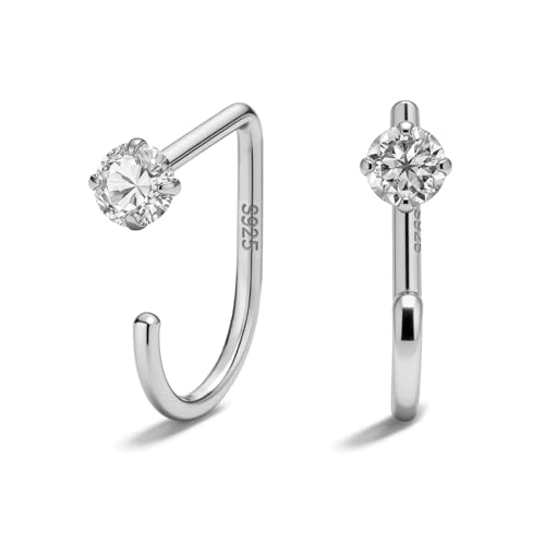 925 Sterling Silver 14K Gold Plated Huggie Half Hoop Earrings | Sleep-Friendly Poke-Free Hypoallergenic Stackable Earring Comfortable & All Day Wear - color: CZ-White Gold