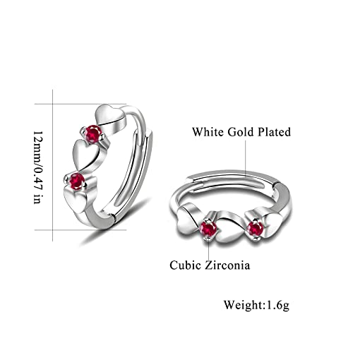 CiNily 14K White Gold Plated Small Hoop Earrings for Women Girls Heart Cubic Zirconia Hypoallergenic Earrings - color: Silver-rose red