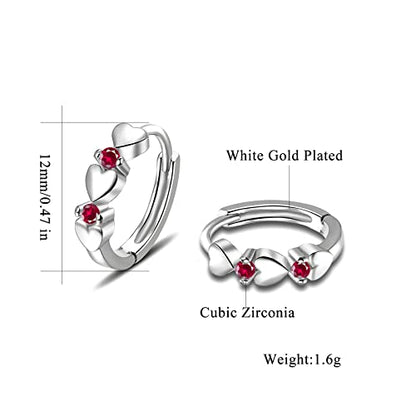 CiNily 14K White Gold Plated Small Hoop Earrings for Women Girls Heart Cubic Zirconia Hypoallergenic Earrings - color: Silver-rose red