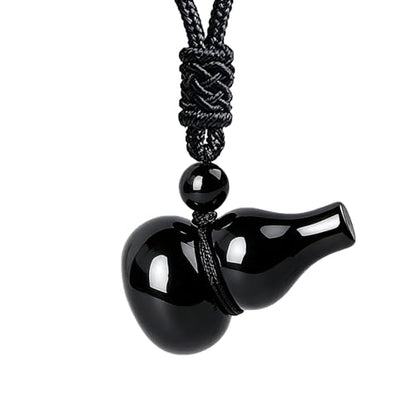 Anjiucc Natural Gemstone Gourd Hulu Wulu Pendant Necklace Healing Crystal Stone with Adjustable Chain Amulet Talisman for Good Luck - color: Black Obsidian