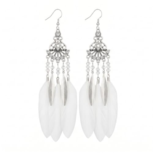 FRESHME Feather Earrings for Women - Native American Jewelry Boho Dangle Ethnic Indian Ear Drop for Music Festival Birthday - color: White