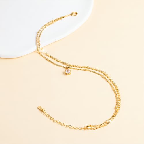 Sterling Silver Ankle Bracelets for Women 14k Gold Plated Waterproof Layered Stackable CZ Charm Non Tarnish Adjustable Anklet for Summer Beach Birthday Jewelry Gift - color: gold D