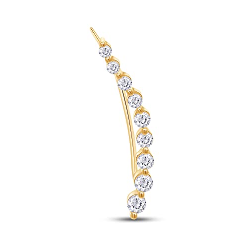 Floating Curved Bar One Piece Left Ear Crawler Earrings With Birthstone | White CZ In 14K Yellow Gold Over Sterling Silver - color: Simulated Cubic Zirconia