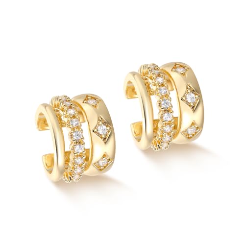 MYEARS Women Ear Cuff Earrings Gold Non Pierced Cartilage Clip on Open Wrap Hoop 14K Gold Plated Simple Hypoallergenic Everyday Jewelry - style: Triple Hoop / Pair