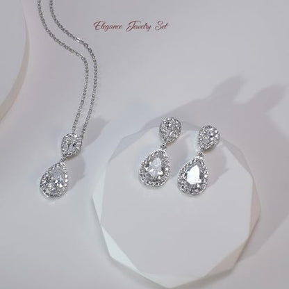Bridal Jewelry Set for Women, Cubic Zirconia Teardrop Bride Bridesmaid Necklace and Earrings Set for Wedding Prom Formal - color: White Gold