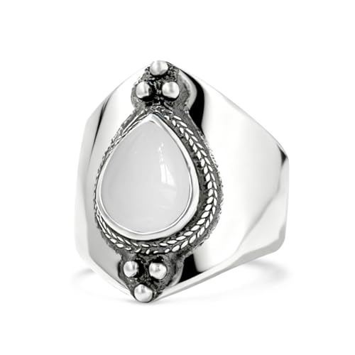 Natural Waterdrop Stone Wide Band Ring,Sterling Silver Genuine Teardrop Crystal Quartz Gemstone Statement Wide Chunky Full Finger Band Ring for Women - color: A03_White Agate