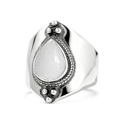 Natural Waterdrop Stone Wide Band Ring,Sterling Silver Genuine Teardrop Crystal Quartz Gemstone Statement Wide Chunky Full Finger Band Ring for Women - color: A03_White Agate