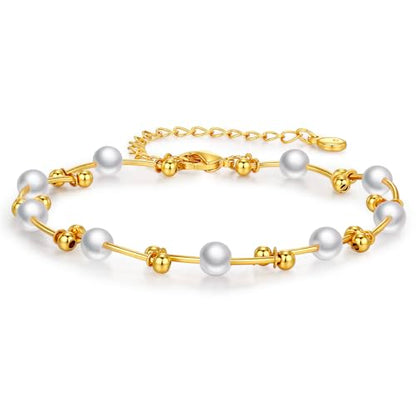 Gold Pearl Bracelet for Women, 18K Gold Plated Dainty Pearls Beaded Chain Bracelet Jewelry Gifts for Women - color: C-Gold 3