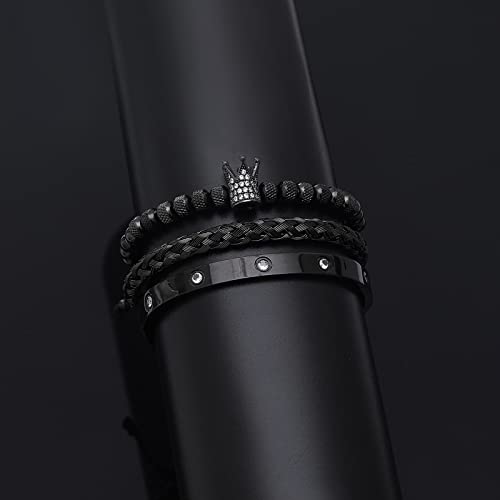WFYOU 3PCS Stainless Steel Imperial Crown Bracelets for Men Gold Roman Numeral Bangle Bracelet Adjustable Cuff Bracelet Mens Luxury Jewelry Gifts - style: 01:Black-Cubic Zirconia
