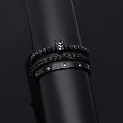 WFYOU 3PCS Stainless Steel Imperial Crown Bracelets for Men Gold Roman Numeral Bangle Bracelet Adjustable Cuff Bracelet Mens Luxury Jewelry Gifts - style: 01:Black-Cubic Zirconia