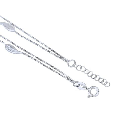 Vanbelle Genuine Sterling Silver Jewelry - Rhodium Plated with 925 Stamp - Designer Leaf Anklet - Elegant handcrafted Double layered Chain Anklet for Women - 9" long + 1" extender