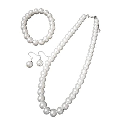 tenghong2021 Fashion Classic Faux Pearl Jewelry Set Necklace Bracelet Earrings for Women Best Gift - color: White