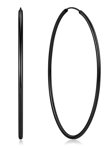 ChicSilver 925 Sterling Silver Hoop Earrings for Women Hypoallergenic, Lightweight Large Gold Plated Silver Hoop Earrings, Endless Hoops Earring 20/30/40/50/60/70MM - color: A. High Polished Black, size: 70mm