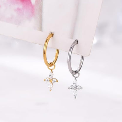 Ourania 16G Gold Stainless Steel Zircon Dangle Huggie Hoop Rook Piercing Helix Hoop Earring Tragus Hoop Cartilage Piercing for Women - color: Flower Gold 2PCS, size: 1.2*10mm 2pcs