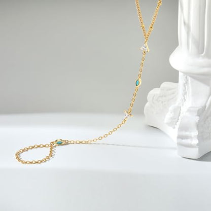Cicy Bell Hand Chain Bracelets for Women 18K Gold Plated | Layered Stackable Dainty Ring Bracelets, Adjustable Satellite Bead Dot Link Finger Bracelets - color: Style F-Gold