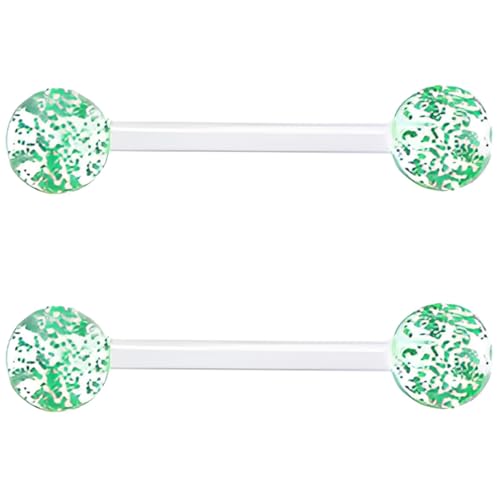 Sequin Barbell Piercing Set for Women Men 14 G Acrylic Hypoallergenic Tongue Ring Jewellery Cute Nipple Rings Piercings Bars Kit Clear Rod Long Body Jewelry 2 pcs Length 12 MM - color: Green, size: 12 mm