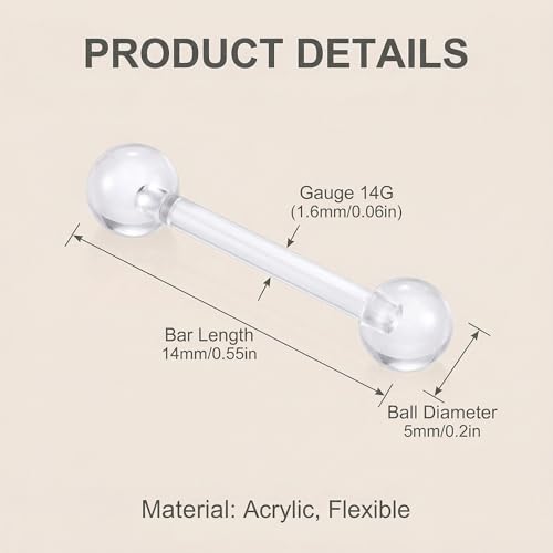 Happyupcity 20Pcs 14G Transparent Acrylic Barbell Tongue Nipple Rings Flexible Straight Bar Body Piercing Jewelry Retainers for Women Men Work Sports